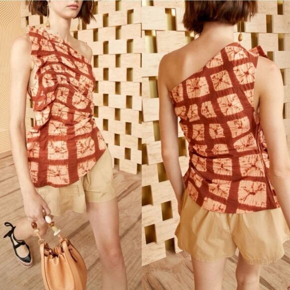 ULLA JOHNSON Senta One Shoulder Tie Dye Stripe Cotton Top Sequoia Size 12 $420 - Picture 5 of 5